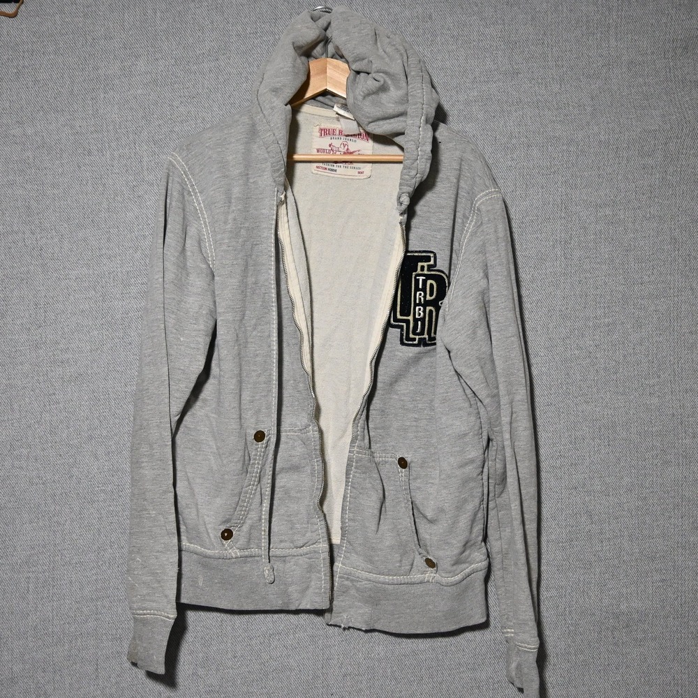 True Religion Hoodie Mens Large Gray Contrast Stitch Distressed Zip Up L Heather